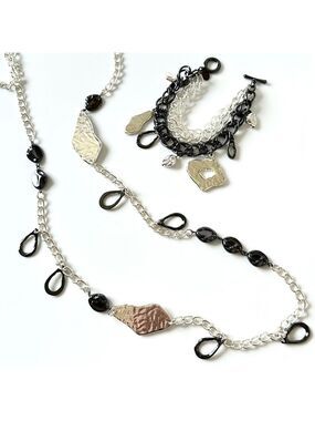 CHICO’s Silver Charm Long Abstract Charm Necklace & Bracelet Set | NWOT
